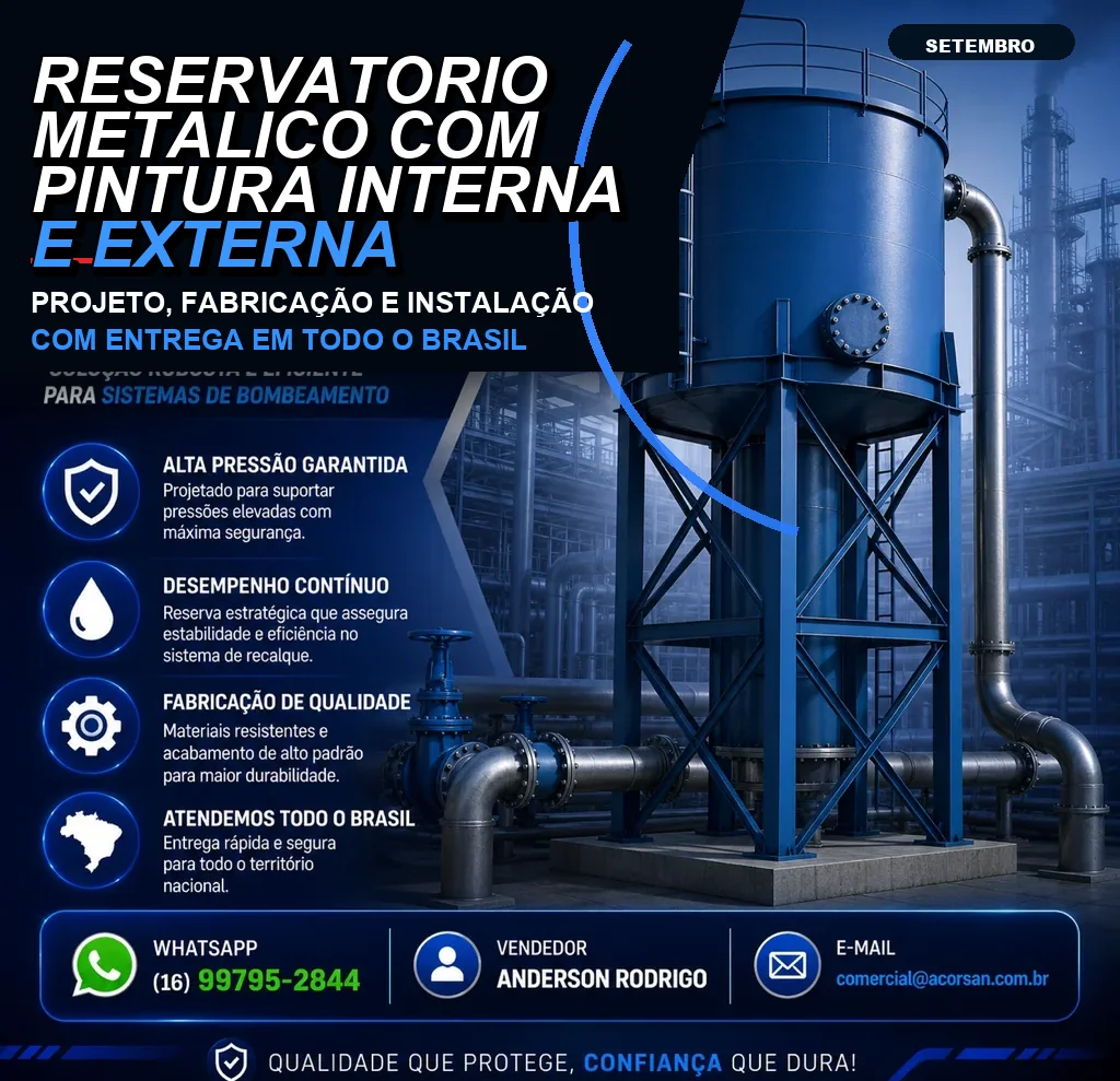 Reservatório metálico com pintura interna e externa