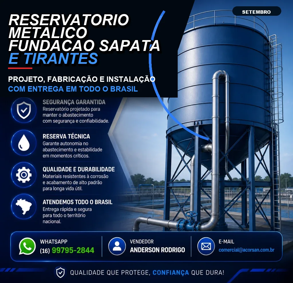 Reservatório metálico fundação sapata e tirantes